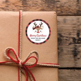 Niedlich Reindeer Kariert Bow Red Frohe Weihnachte Runder Aufkleber