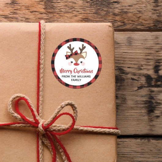 Niedlich Reindeer Kariert Bow Red Frohe Weihnachte Runder Aufkleber