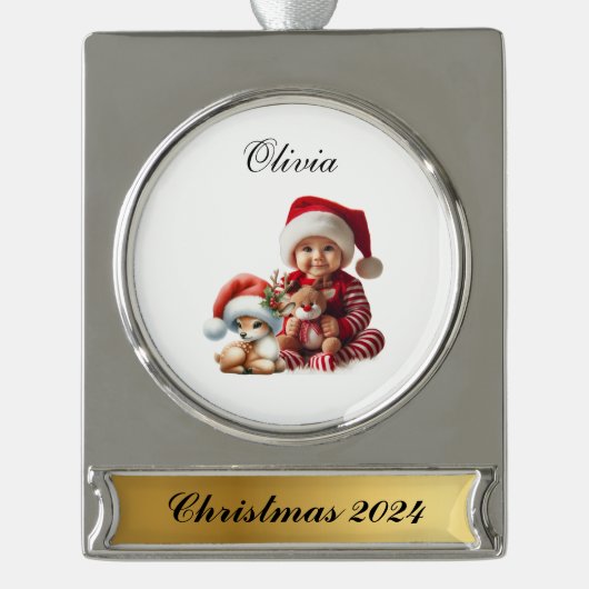 Niedlich Reindeer Personalisiert Weihnachten Banner-Ornament Silber (Vorderseite)