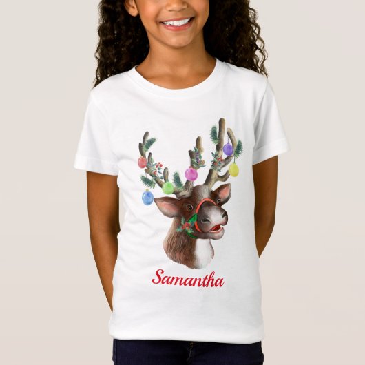 Niedlich Reindeer Personalisierter Weihnachtsfeier T-Shirt (Vorderseite)