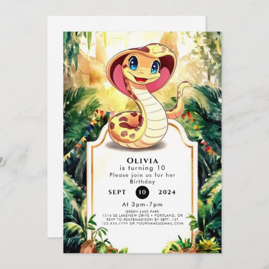 Niedlich Reptiles Snake Geburtstag Einladung (Vorne/Hinten)