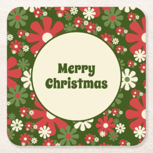 Niedlich Retro 60er 70er Floral Frohe Weihnachten Rechteckiger Pappuntersetzer