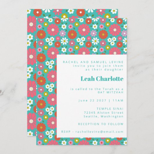 Niedlich Retro 60er Blume Türkis Bat Mitzvah Einladung (Vorne/Hinten)