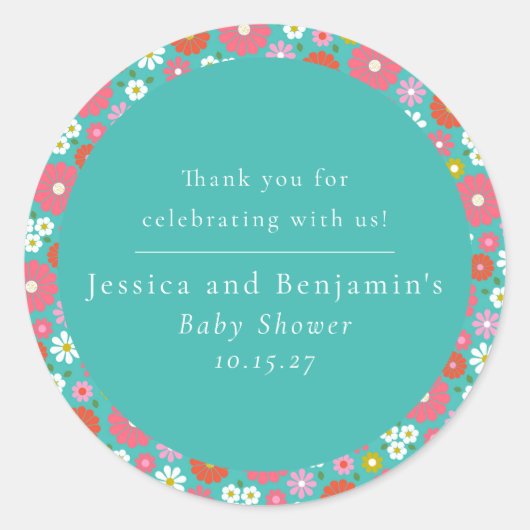 Niedlich Retro 60er Blume Türkis Custom Baby Dusch Runder Aufkleber (Vorderseite)