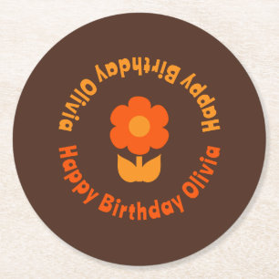 Niedlich Retro 70er Blume Orange Brown Geburtstag Runder Pappuntersetzer