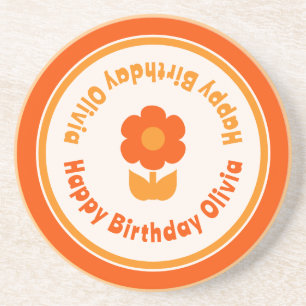 Niedlich Retro 70er Blume Orange Happy Birthday Getränkeuntersetzer