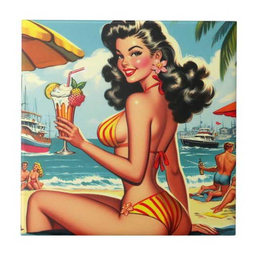 Niedlich Retro Bikini Girl Fliese (Vorderseite)