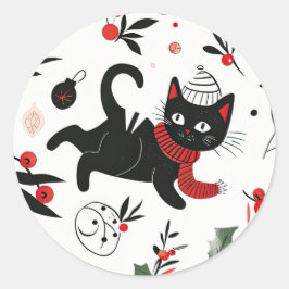 Niedlich Retro Black Cat Christmas Runder Aufkleber