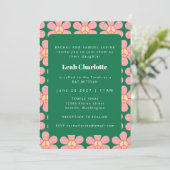 Niedlich Retro-Blume Frieden Rosa grüner Bat Mitzv Einladung (Stehend Vorderseite)