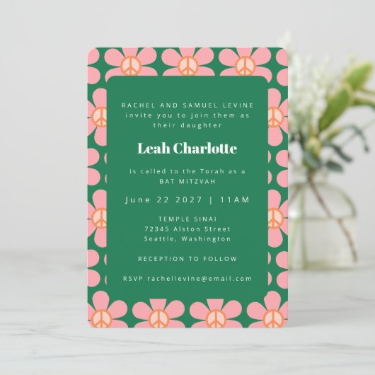 Niedlich Retro-Blume Frieden Rosa grüner Bat Mitzv Einladung (Stehend Vorderseite)
