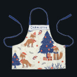 Niedlich Retro Christmas Fox Kinder Personalisiert Schürze<br><div class="desc">Niedliche Retro-Stil Weihnachtsmotive mit einer Weihnachtsmannmütze mit Fuchs sitzend mit den Geschenken unter dem marineblauen Weihnachtsbaum,  personalisiert mit Ihrem Namen.</div>
