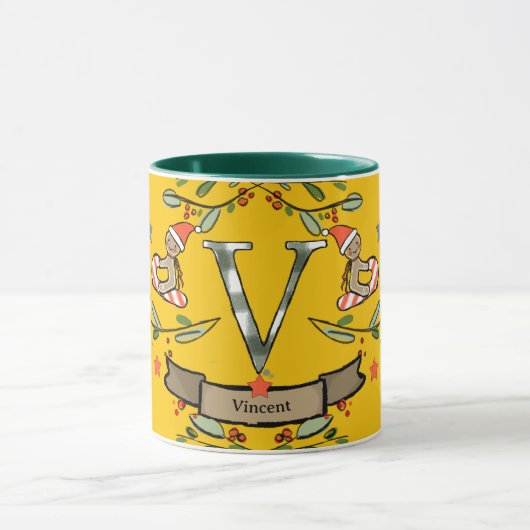Niedlich Retro Christmas Monogram "V" mit Namen Tasse (Zentrum)