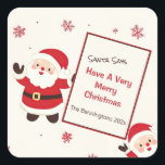 Niedlich Retro Christmas Santa Quadratischer Aufkleber<br><div class="desc">Niedliche Santas hoffen, dass Sie "ein sehr frohes Weihnachtsfest" haben. Sie sind fröhliche Typ, die alle in ihren roten Weihnachtsstatusoutfits und fließenden weißen Bärten gekleidet sind und uns vom Winterschnee auf diesem Urlaubsaufkleber ein fröhliches Willkommen schwingen. Diese liebenswerten Figuren sind lustige Retro-Cartoon-Figuren. Der gesamte Text ist editierbar, inklusive "Santa Says"....</div>