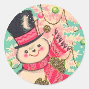 Niedlich Retro Christmas Snowman Runder Aufkleber
