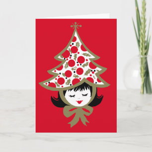 Niedlich Retro Christmas Tree Girl Red Karte