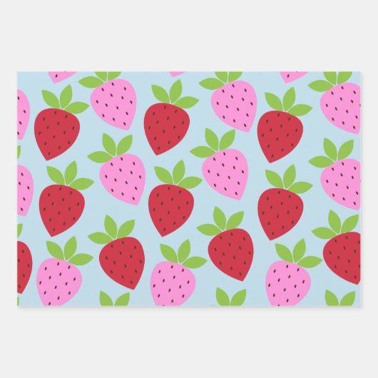 Niedlich Retro Erdbeere Frucht Muster Rosa Blau Geschenkpapier Set (Vorderseite 2)