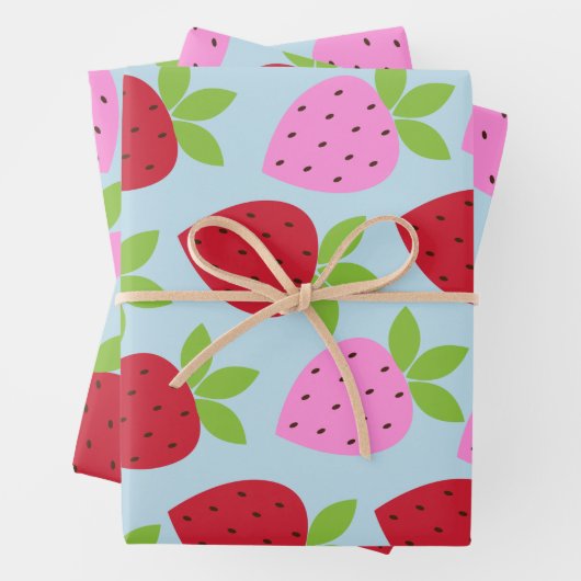 Niedlich Retro Erdbeere Frucht Muster Rosa Blau Geschenkpapier Set (Beispiel)