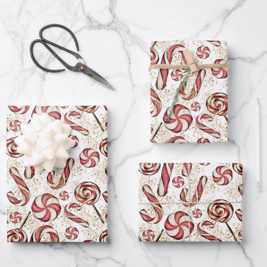 Niedlich Retro Festive Candy Cane Lollipops Muster Geschenkpapier Set (Vorderseite)