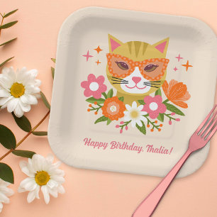 Niedlich Retro Floral Cat Girls Geburtstag Pappteller