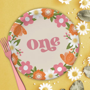Niedlich Retro-Floral One Baby's First Birthday Pappteller