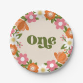 Niedlich Retro-Floral One | Baby's First Birthday Pappteller (Vorderseite)