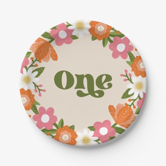 Niedlich Retro-Floral One | Baby's First Birthday Pappteller (Vorderseite)