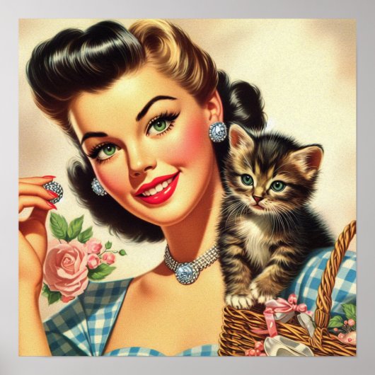 Niedlich Retro Girl and Kitten Poster (Vorne)