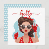 Niedlich Retro Girl Blue Flat Hallo Card (Vorne/Hinten)