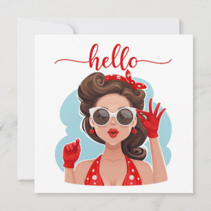 Niedlich Retro Girl Blue Flat Hallo Card