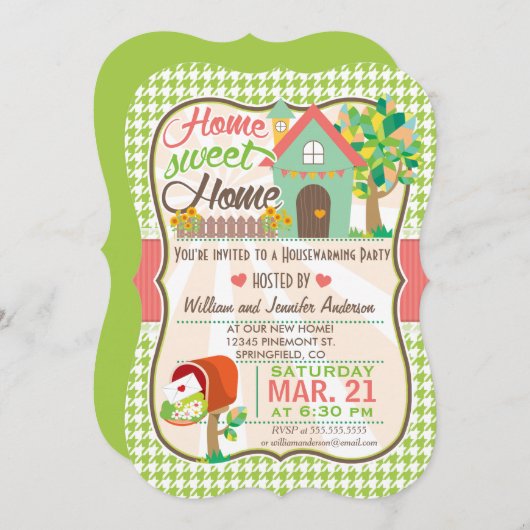 Niedlich, Retro Green Hahnentrittmuster Housewarmi Einladung (Vorne/Hinten)