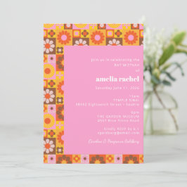 Niedlich Retro Groovy Floral Pink Orange Bat Mitzv Einladung
