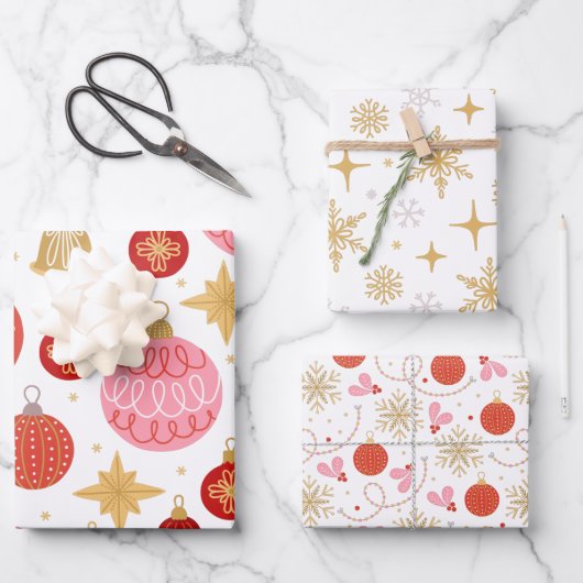 Niedlich Retro Holiday Ornaments Snowflakes/Mund Geschenkpapier Set (Vorderseite)