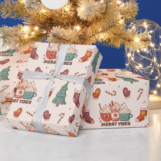 Niedlich Retro Merry Vibes Christmas Kawaii Muster Geschenkpapier (Feiertage)