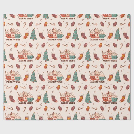 Niedlich Retro Merry Vibes Christmas Kawaii Muster Geschenkpapier (Flach)