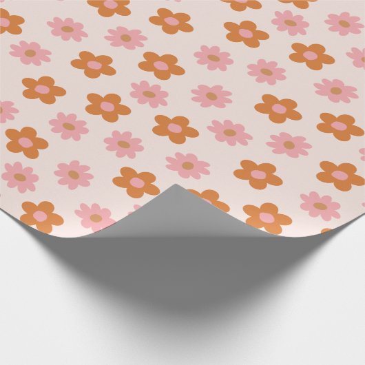 Niedlich Retro Mod Pop Blume Rosa und Burnt Orange Geschenkpapier (Ecke)