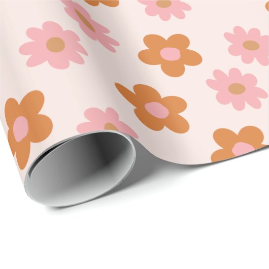 Niedlich Retro Mod Pop Blume Rosa und Burnt Orange Geschenkpapier (Rolleneckpunkt)