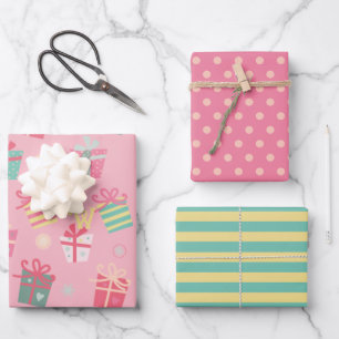 Niedlich Retro Pink Präsentiert Feiertage Weihnach Geschenkpapier Set