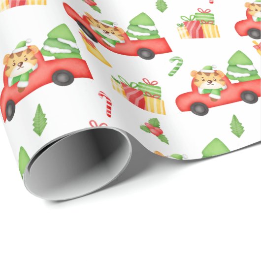 Niedlich Retro Red Truck und Tiger Weihnachten Geschenkpapier (Rolleneckpunkt)