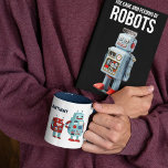 Niedlich Retro Robots Personalisierte Sci-Fi Zweifarbige Tasse<br><div class="desc">Fügen Sie Ihrer Morgenroutine mit dieser personalisierten Kaffee-Tasse eine Sci-Fi-Touch hinzu. Diese Tasse zeigt lustige Illustrationen von Retro-Robotern und ist bereit,  mit einem Namen oder anderen Text personalisiert zu werden. Die Grafik umschlingt die Tasse,  und der Name erscheint auf beiden Seiten.</div>