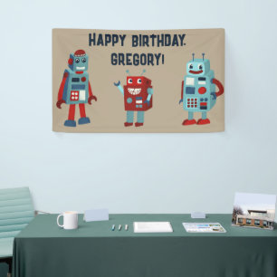 Niedlich Retro Robots Sci-Fi Boys Geburtstag Banner