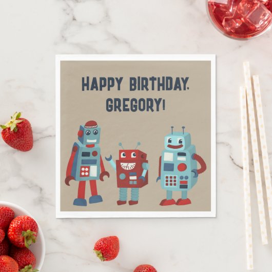 Niedlich Retro Robots Sci-Fi Boys Geburtstag Serviette (Beispiel)