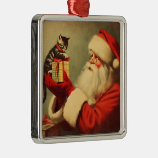 Niedlich Retro Santa mit Kitten Illustration Ornament Aus Metall (Rechts)