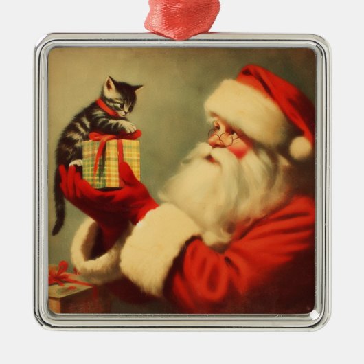 Niedlich Retro Santa mit Kitten Illustration Ornament Aus Metall (Vorne)