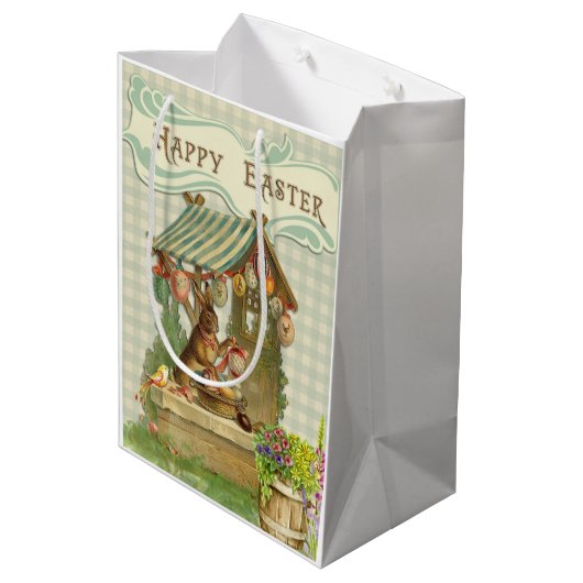 Niedlich Retro Vintag Osterhase Mittlere Geschenktüte (Rückseite Schrägansicht)