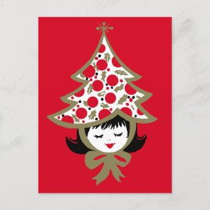 Niedlich Retro Vintage Christmas Girl mit Baumhut Feiertagspostkarte