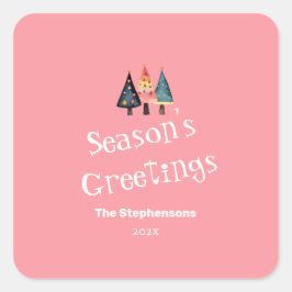 Niedlich Retro Weihnachtsbaum Rosa Feiertag Quadratischer Aufkleber