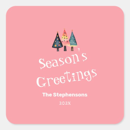 Niedlich Retro Weihnachtsbaum Rosa Feiertag Quadratischer Aufkleber (Vorderseite)