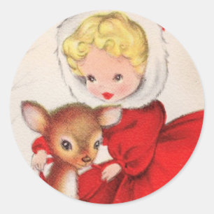 Niedlich Retro Weihnachtsmädchen mit Hirsch Runder Aufkleber
