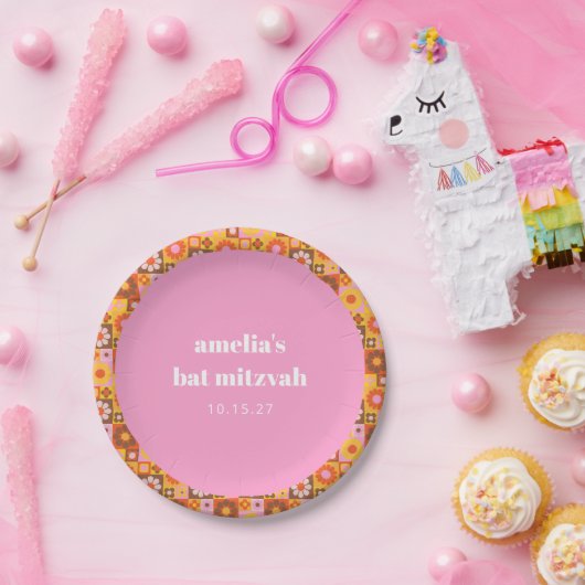 Niedlich Retroflor Rosa Orange Bat Mitzvah Custom Pappteller (Party)