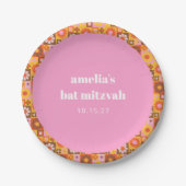 Niedlich Retroflor Rosa Orange Bat Mitzvah Custom Pappteller (Vorderseite)
